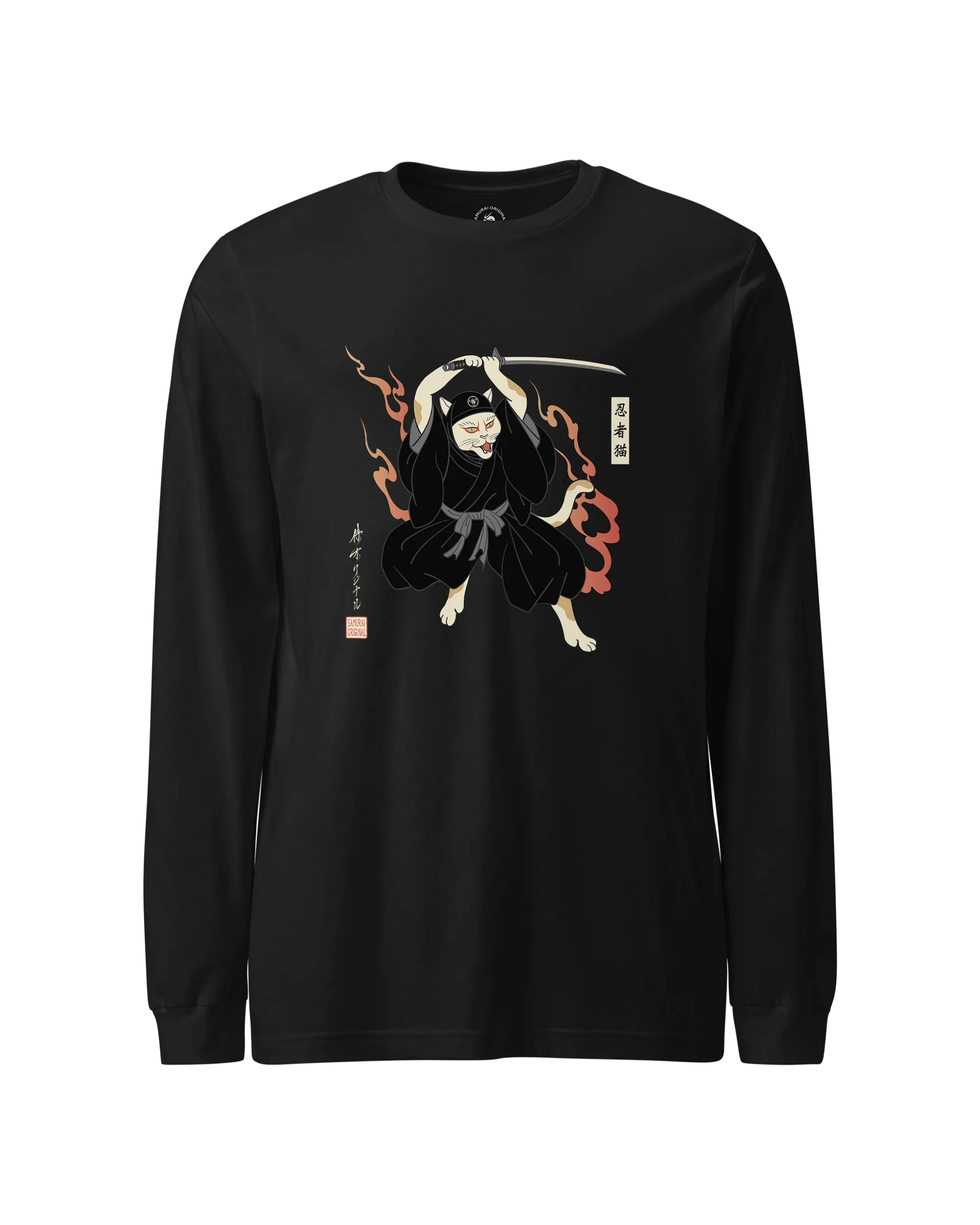 Cat Ninja Japanese Ukiyo-e Unisex Long Sleeve Tee Black - Samurai Original