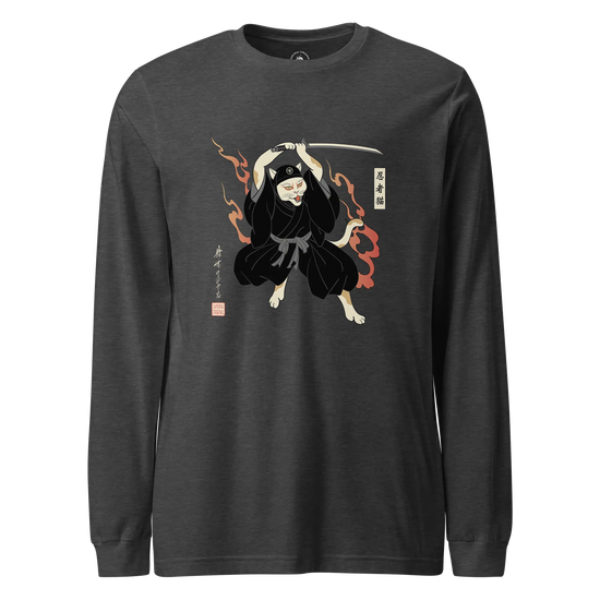 Cat Ninja Japanese Ukiyo-e Unisex Long Sleeve Tee Dark Grey Heather - Samurai Original