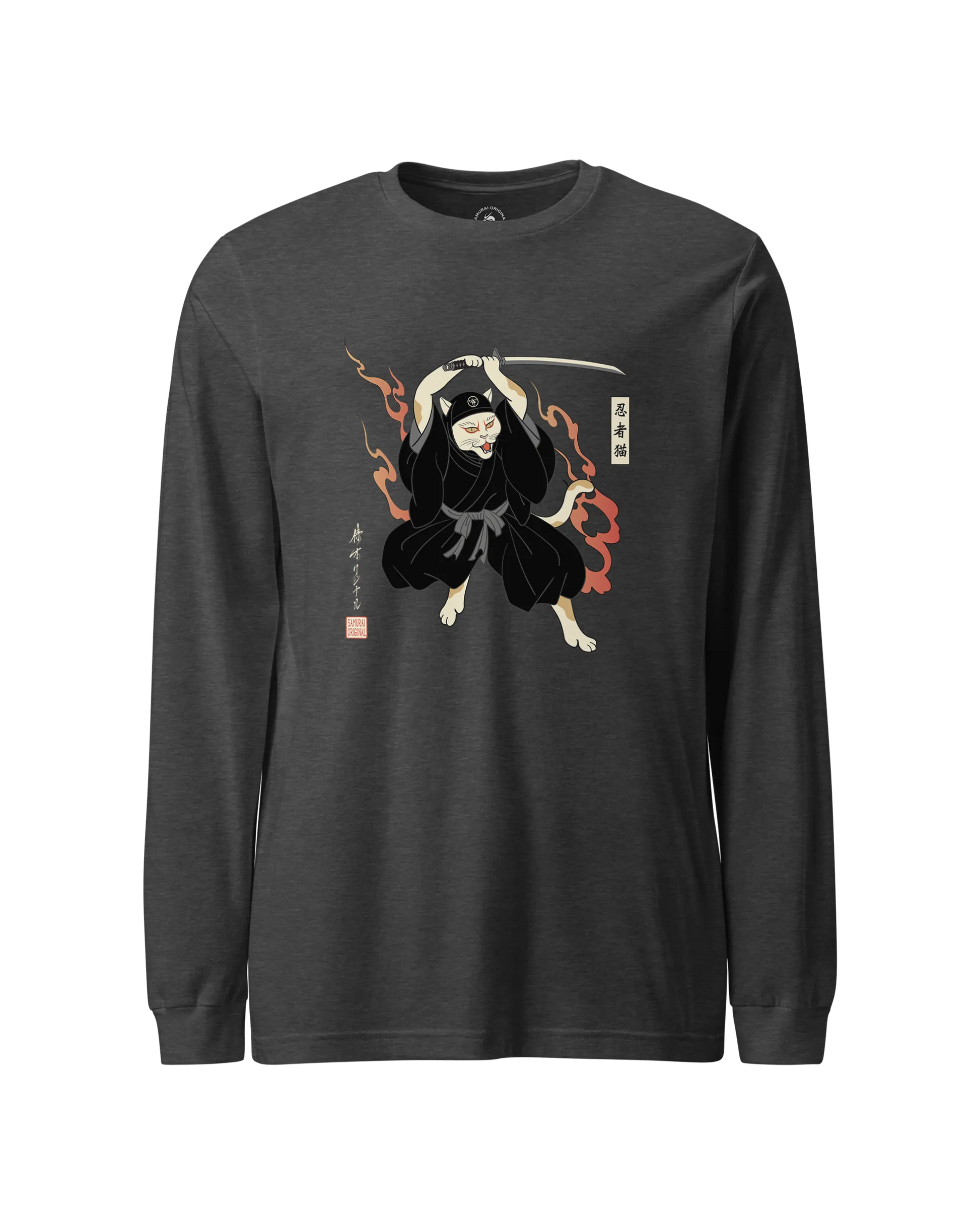 Cat Ninja Japanese Ukiyo-e Unisex Long Sleeve Tee Dark Grey Heather - Samurai Original