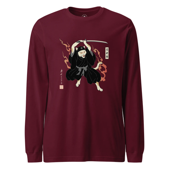 Cat Ninja Japanese Ukiyo-e Unisex Long Sleeve Tee Maroon - Samurai Original