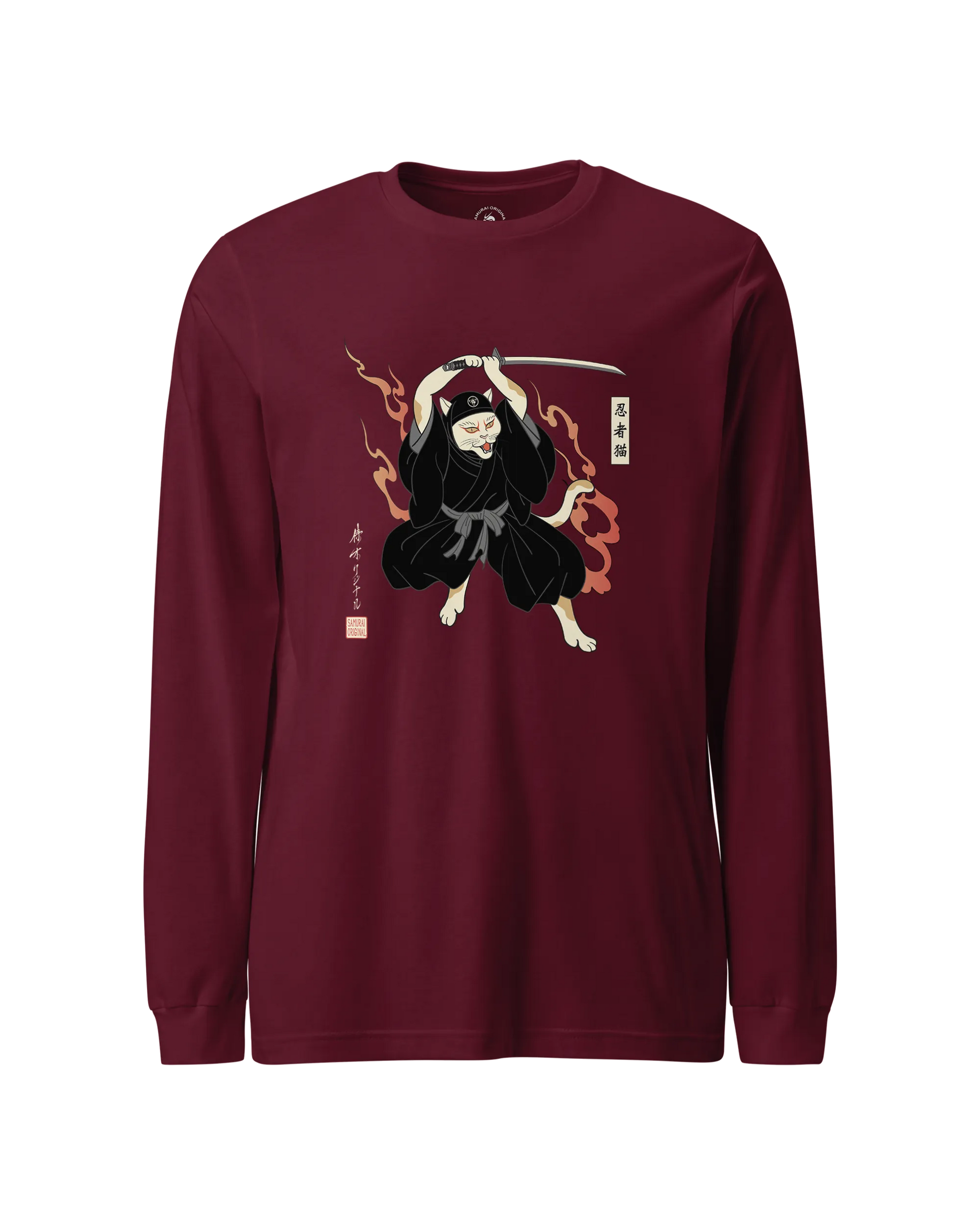 Cat Ninja Japanese Ukiyo-e Unisex Long Sleeve Tee Maroon - Samurai Original