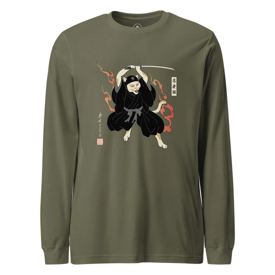 Cat Ninja Japanese Ukiyo-e Unisex Long Sleeve Tee Military Green - Samurai Original