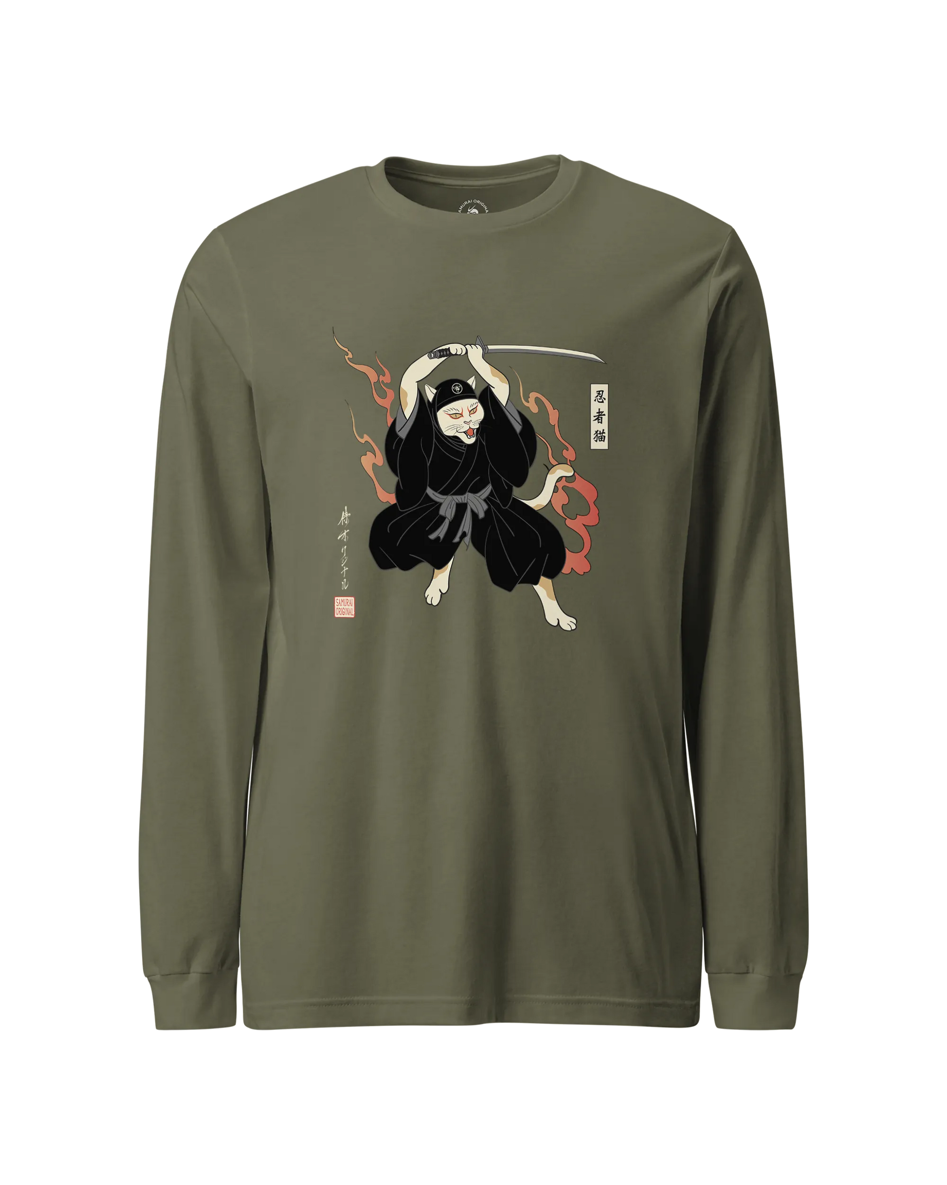Cat Ninja Japanese Ukiyo-e Unisex Long Sleeve Tee Military Green - Samurai Original