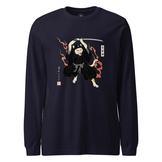 Cat Ninja Japanese Ukiyo-e Unisex Long Sleeve Tee Navy - Samurai Original