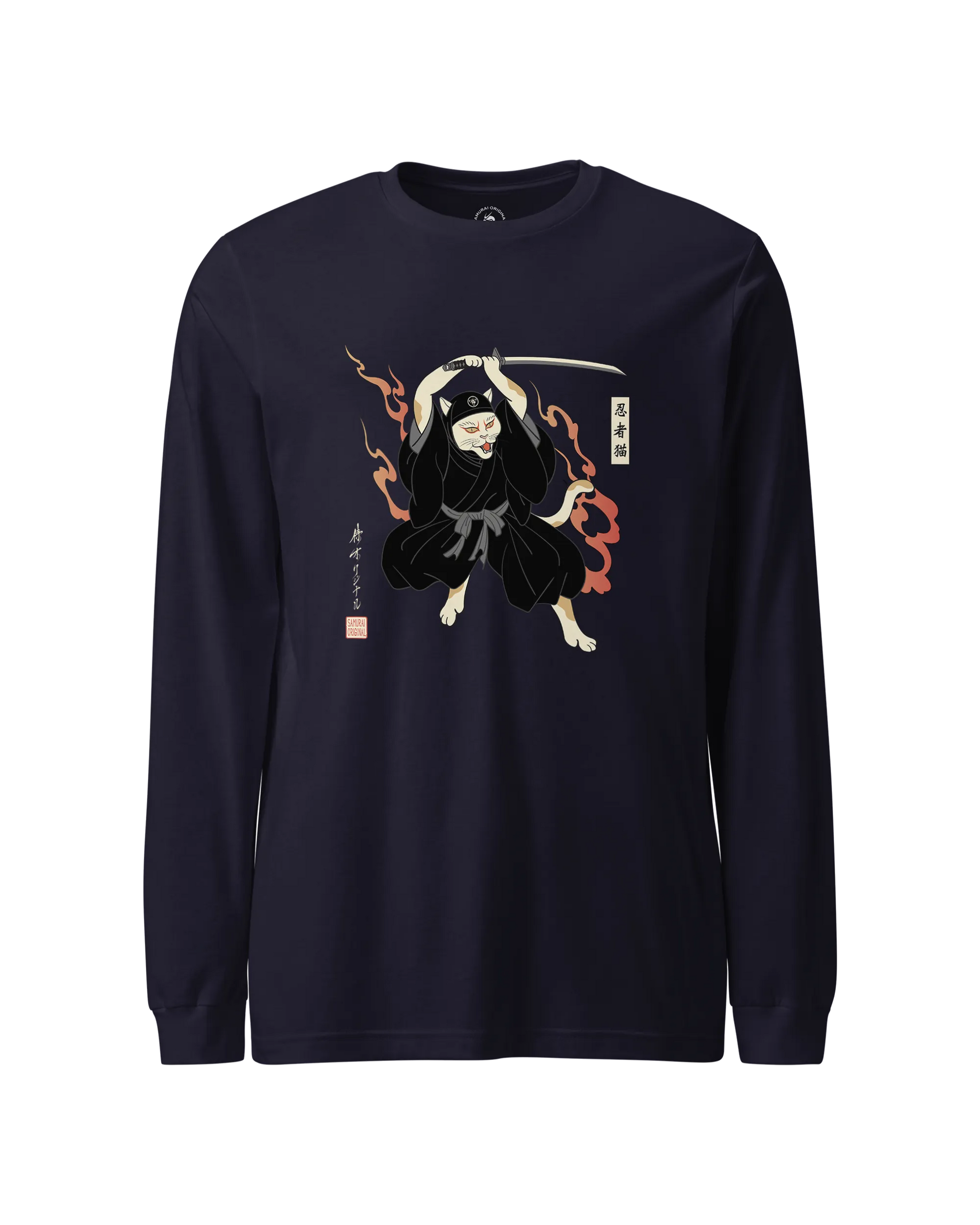 Cat Ninja Japanese Ukiyo-e Unisex Long Sleeve Tee Navy - Samurai Original