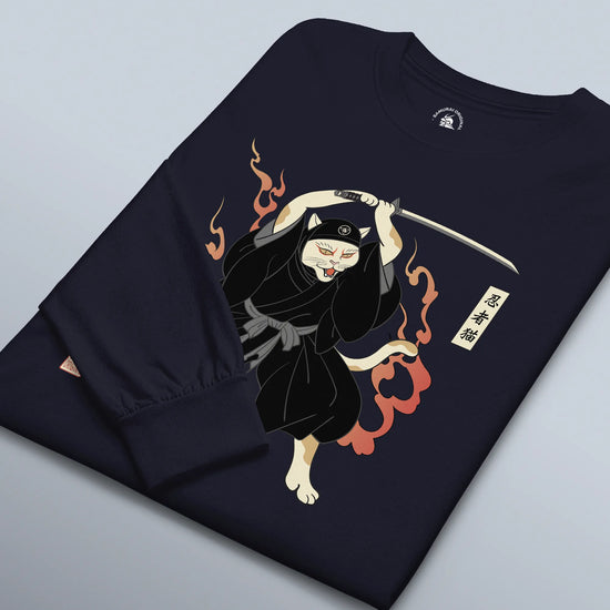 Cat Ninja Japanese Ukiyo-e Unisex Long Sleeve Tee - Samurai Original