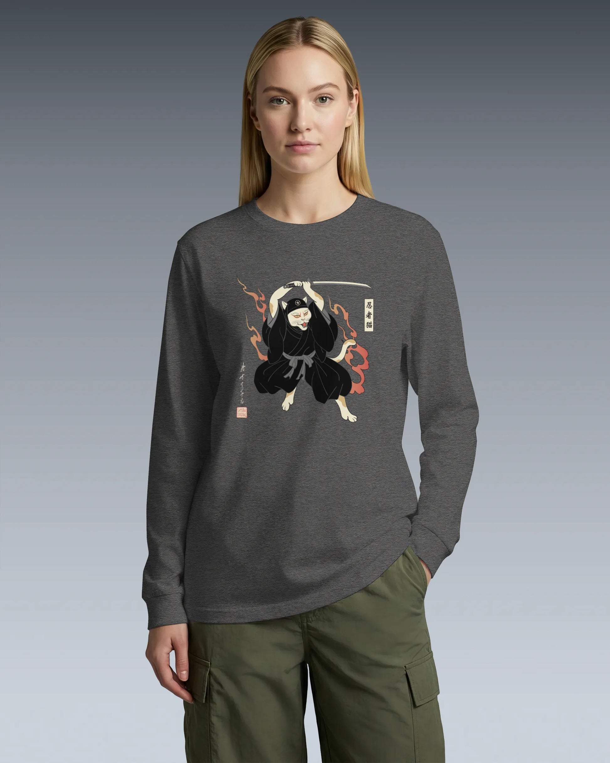 Cat Ninja Japanese Ukiyo-e Unisex Long Sleeve Tee - Samurai Original