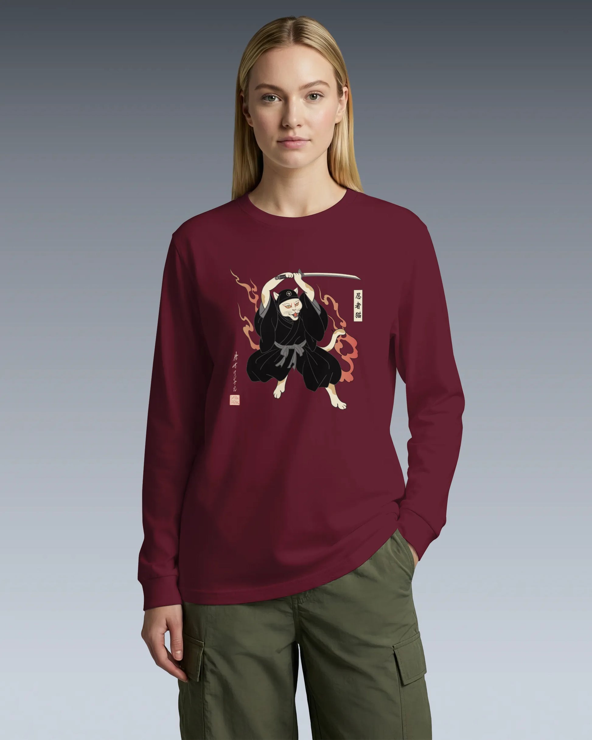 Cat Ninja Japanese Ukiyo-e Unisex Long Sleeve Tee - Samurai Original