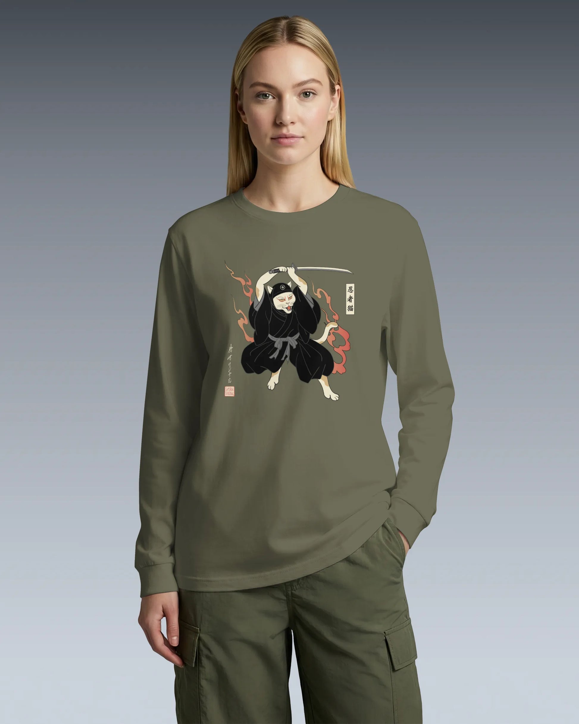 Cat Ninja Japanese Ukiyo-e Unisex Long Sleeve Tee - Samurai Original