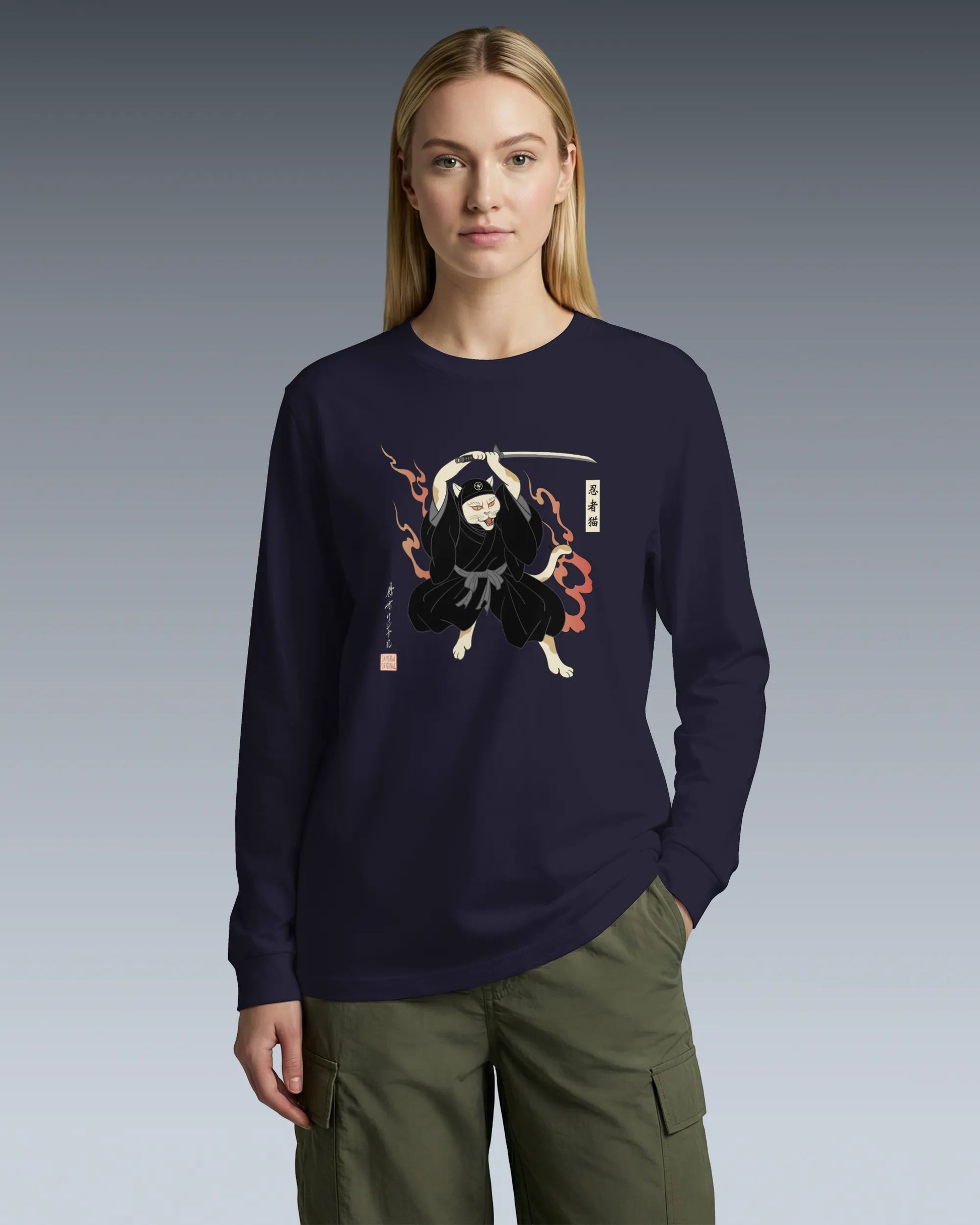 Cat Ninja Japanese Ukiyo-e Unisex Long Sleeve Tee - Samurai Original