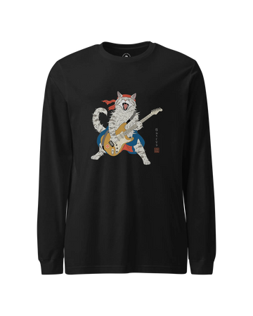 Cat Playing Guitar Japanese Ukiyo-e Unisex Long Sleeve Tee
