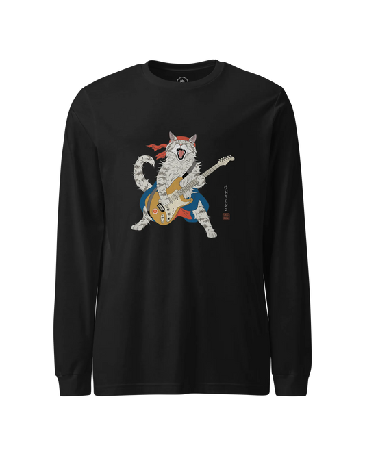 Cat Playing Guitar Japanese Ukiyo-e Unisex Long Sleeve Tee