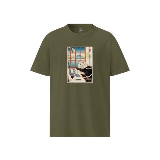 Programmer Cat Coding Ukiyo-e Organic T-shirt Khaki - Samurai Original