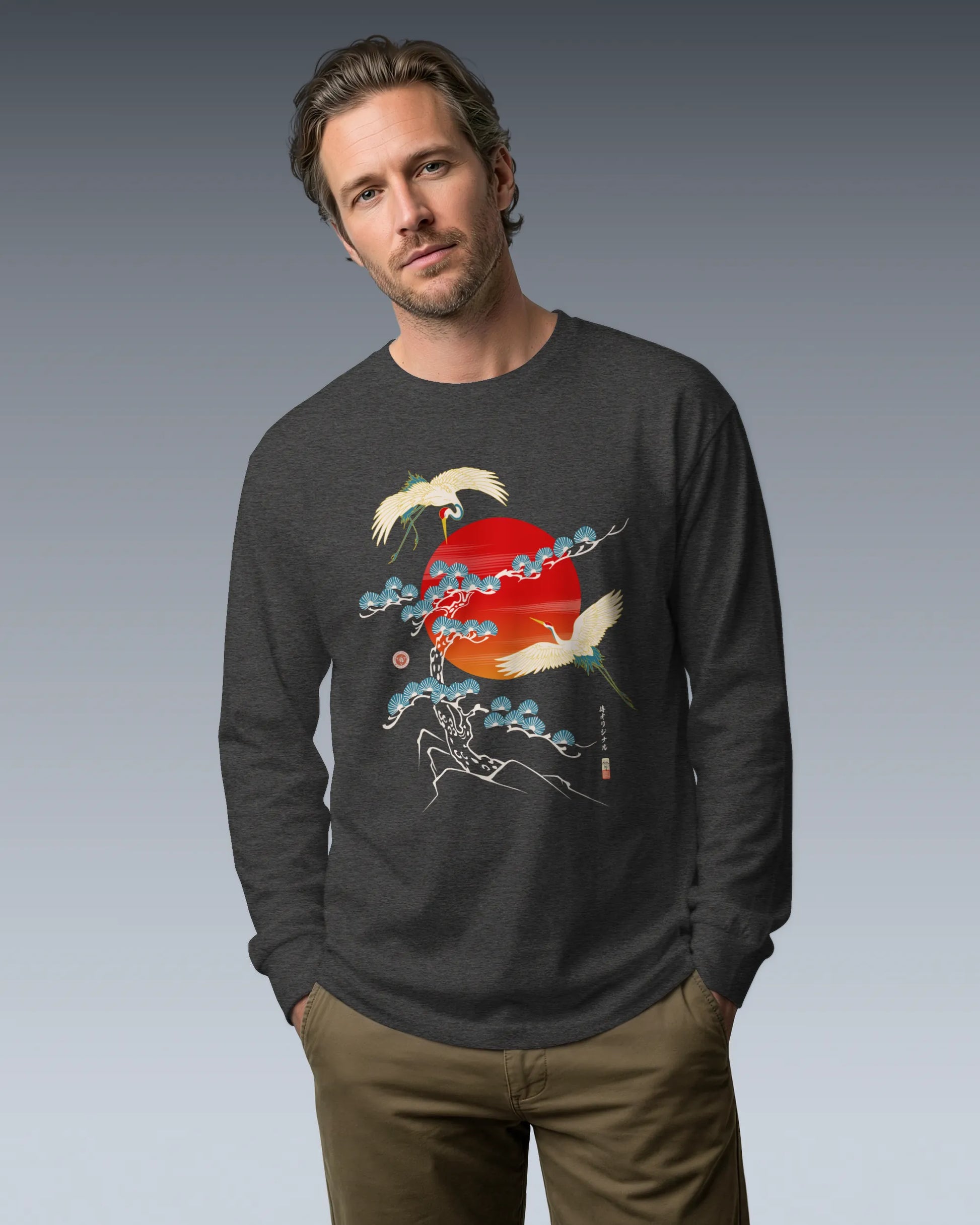 Crane Bird Japanese Ukiyo-e Unisex Long Sleeve Tee - Samurai Original