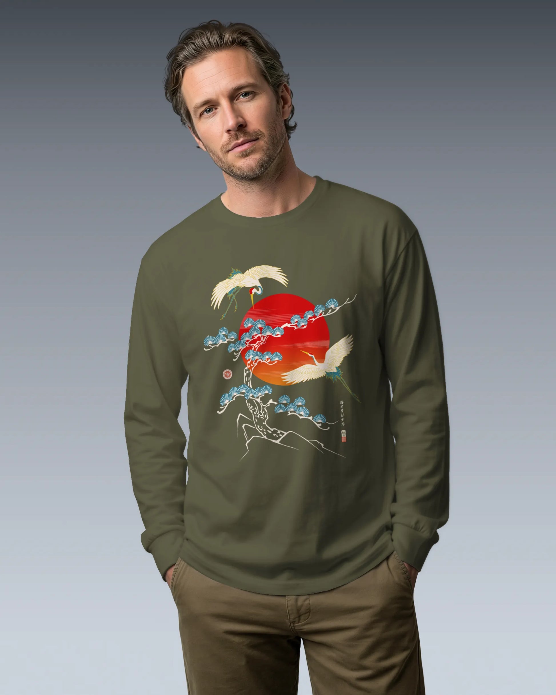 Crane Bird Japanese Ukiyo-e Unisex Long Sleeve Tee - Samurai Original