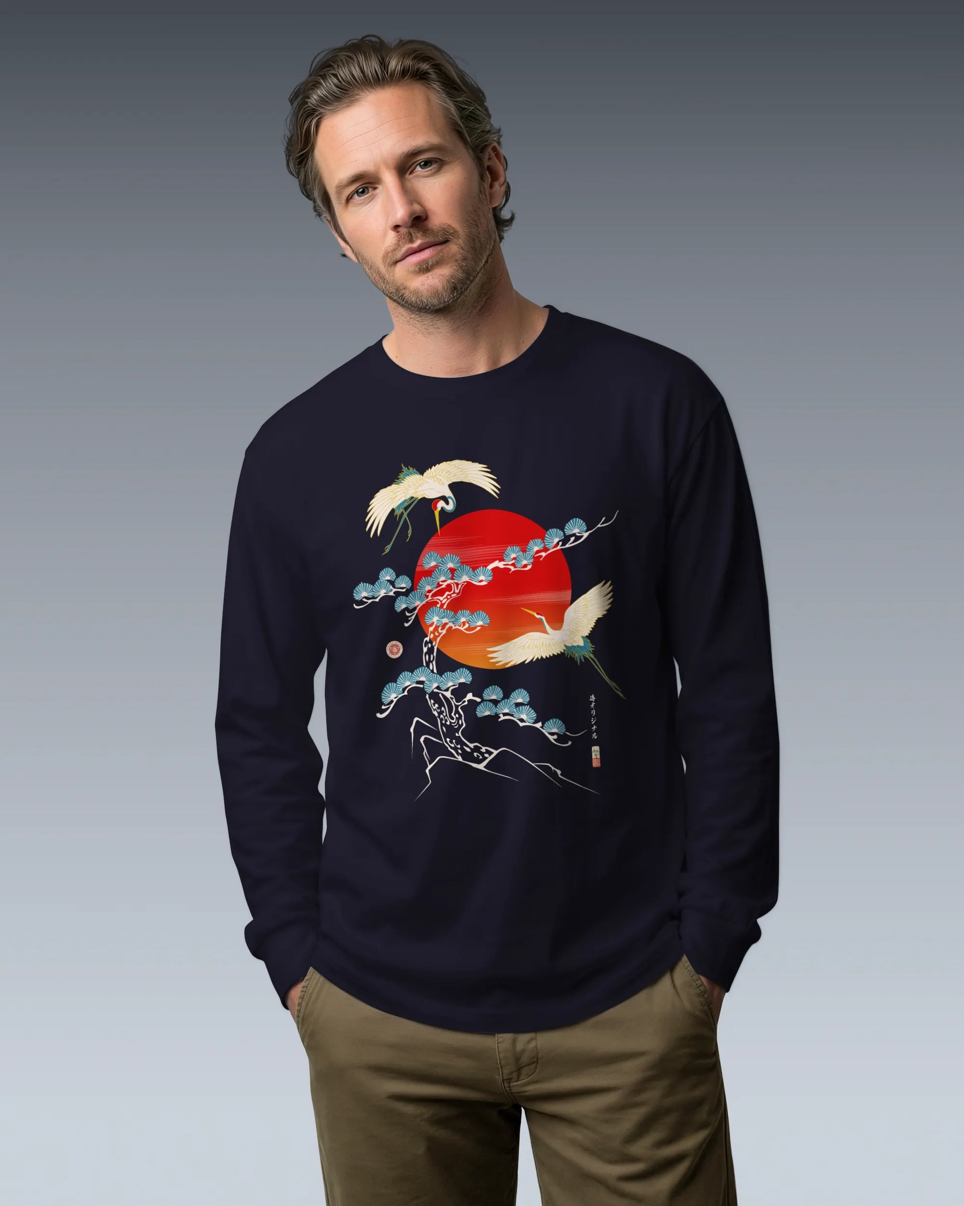 Crane Bird Japanese Ukiyo-e Unisex Long Sleeve Tee - Samurai Original