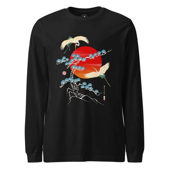 Crane Bird Japanese Ukiyo-e Unisex Long Sleeve Tee Black - Samurai Original