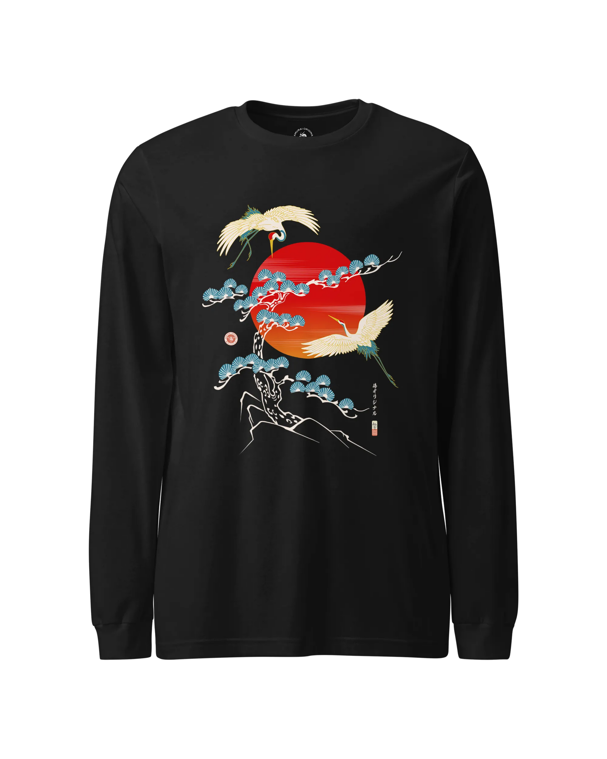 Crane Bird Japanese Ukiyo-e Unisex Long Sleeve Tee Black - Samurai Original