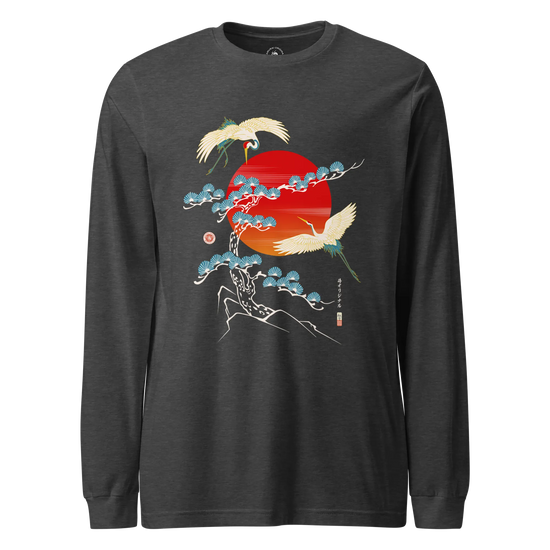Crane Bird Japanese Ukiyo-e Unisex Long Sleeve Tee Dark Grey Heather - Samurai Original