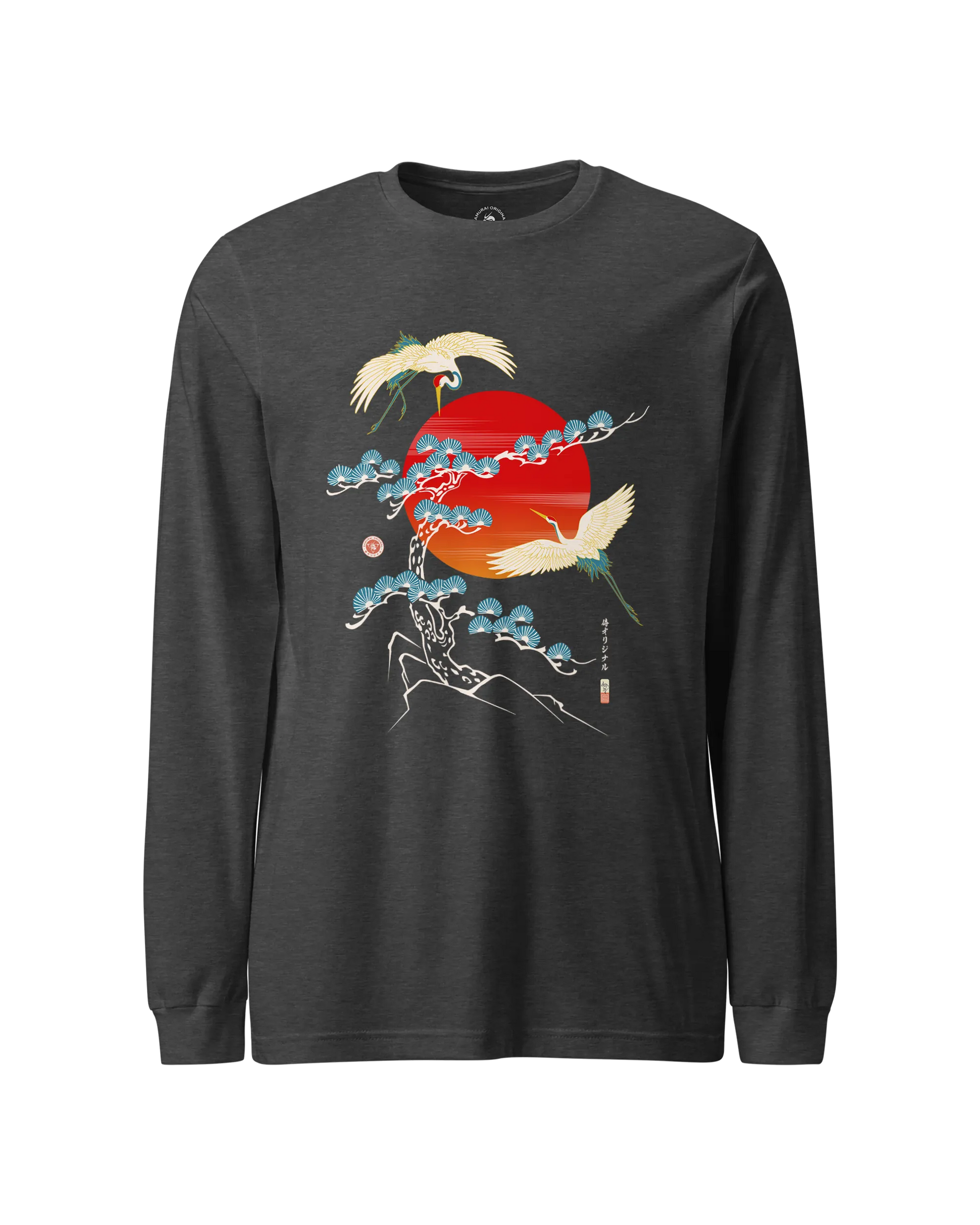 Crane Bird Japanese Ukiyo-e Unisex Long Sleeve Tee Dark Grey Heather - Samurai Original