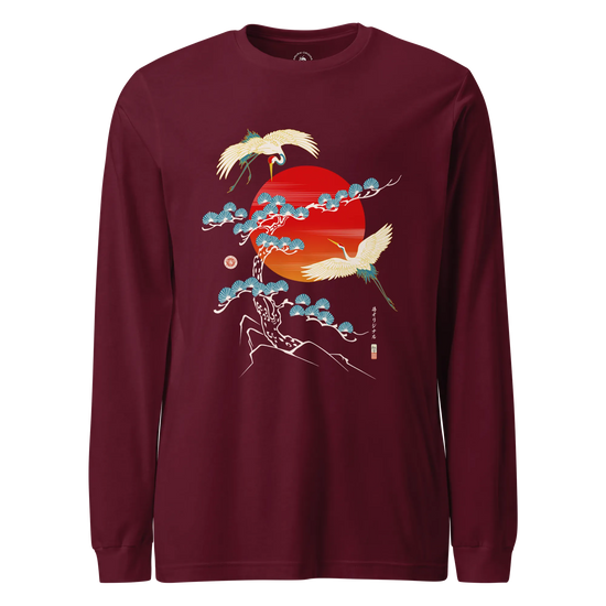 Crane Bird Japanese Ukiyo-e Unisex Long Sleeve Tee Maroon - Samurai Original