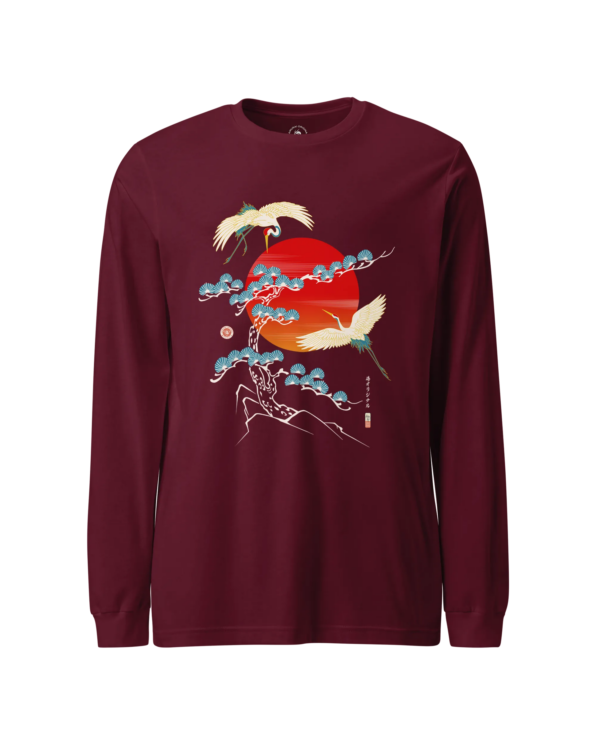 Crane Bird Japanese Ukiyo-e Unisex Long Sleeve Tee Maroon - Samurai Original