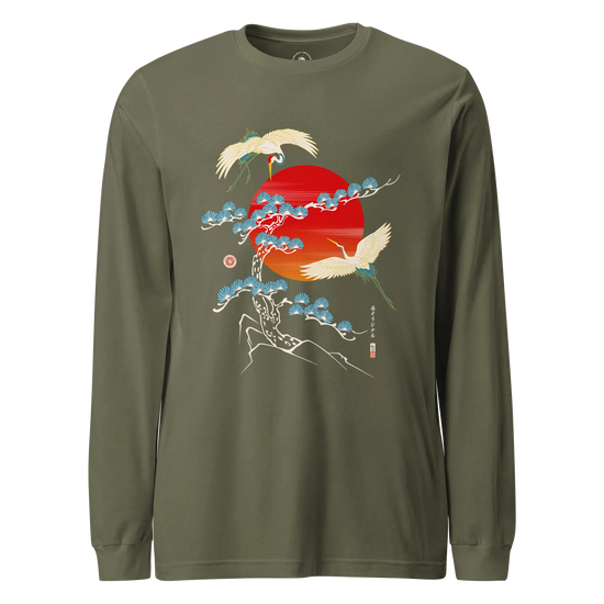 Crane Bird Japanese Ukiyo-e Unisex Long Sleeve Tee Military Green - Samurai Original