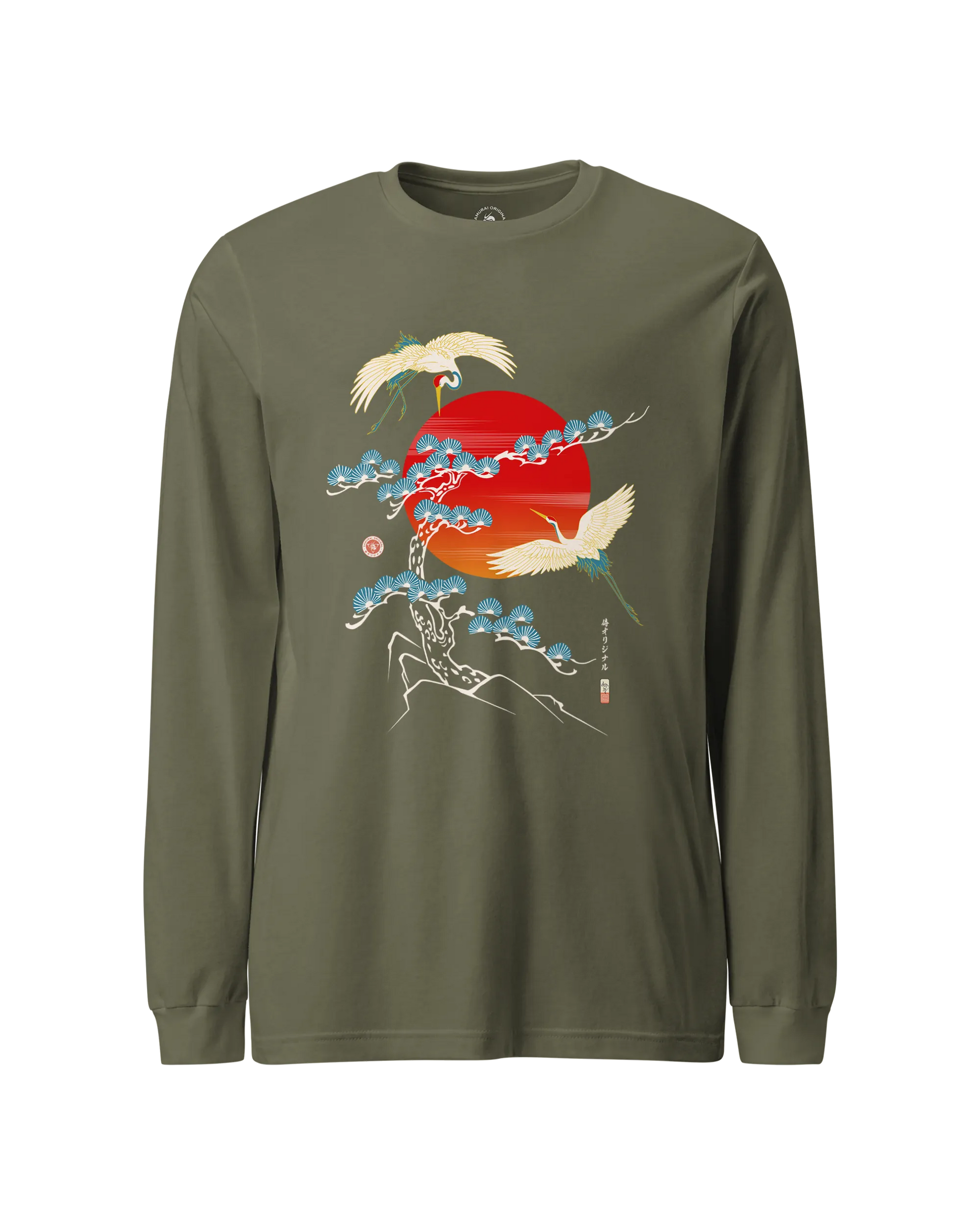 Crane Bird Japanese Ukiyo-e Unisex Long Sleeve Tee Military Green - Samurai Original