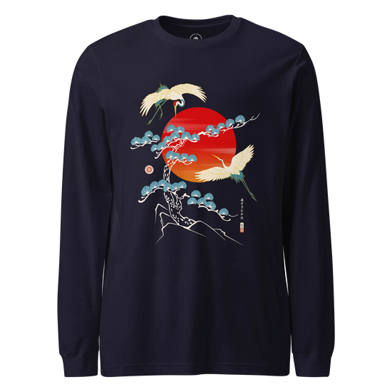 Crane Bird Japanese Ukiyo-e Unisex Long Sleeve Tee Navy - Samurai Original