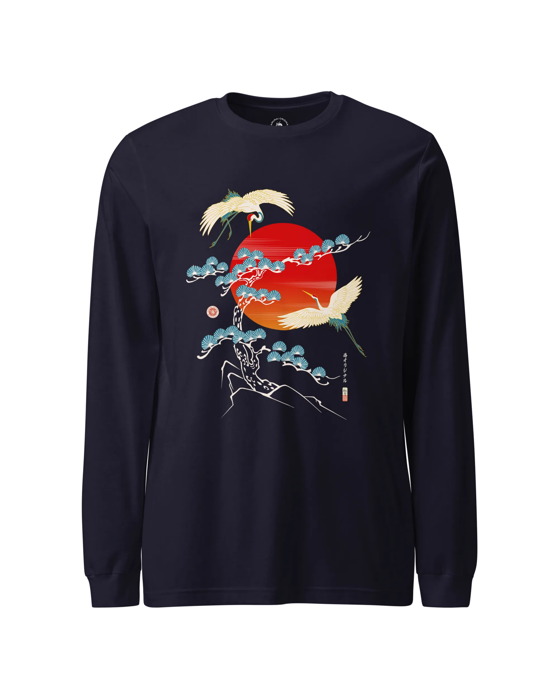 Crane Bird Japanese Ukiyo-e Unisex Long Sleeve Tee Navy - Samurai Original