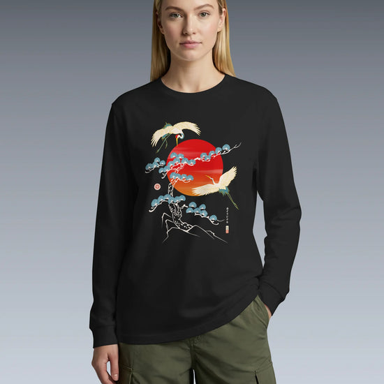 Crane Bird Japanese Ukiyo-e Unisex Long Sleeve Tee - Samurai Original