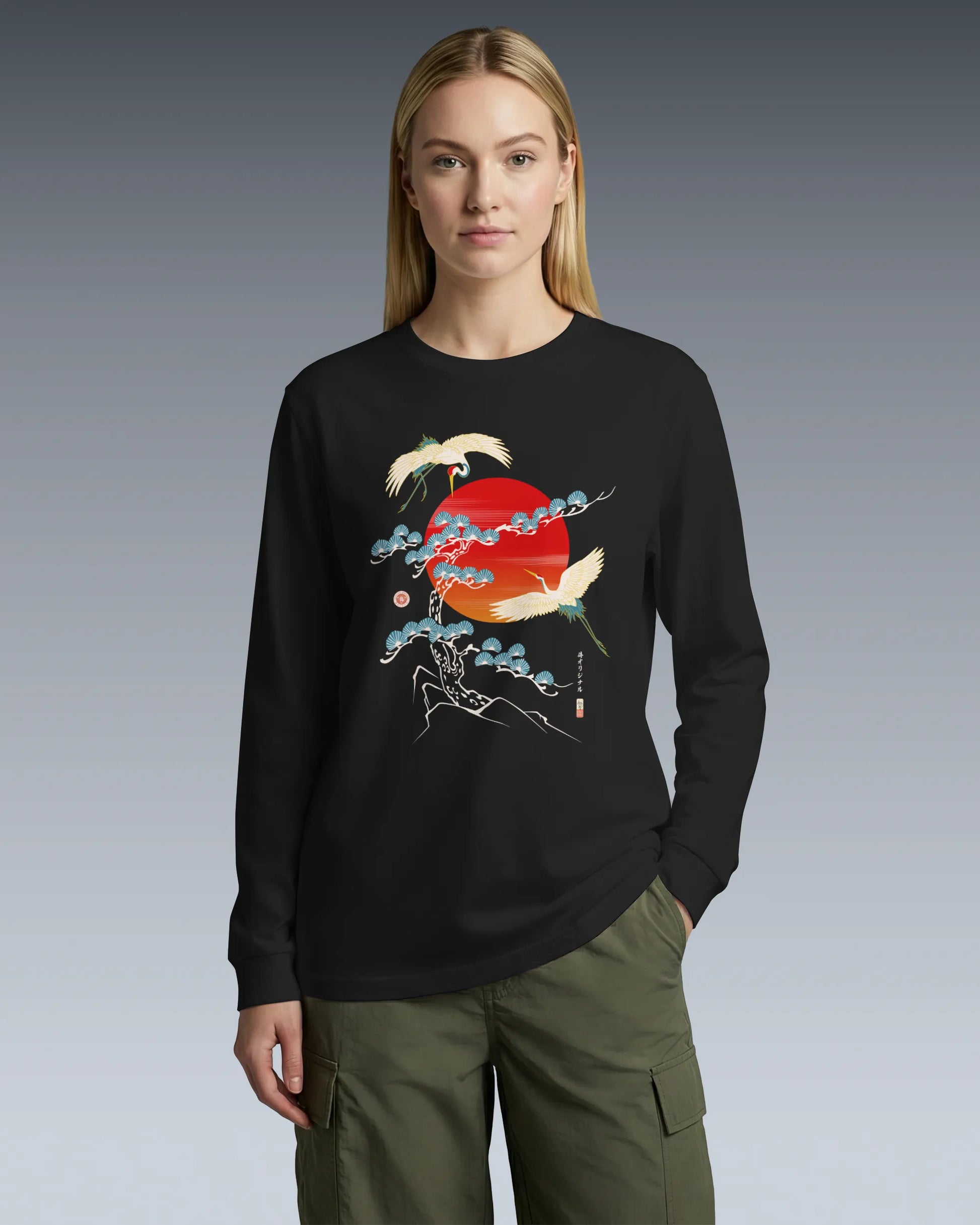 Crane Bird Japanese Ukiyo-e Unisex Long Sleeve Tee - Samurai Original