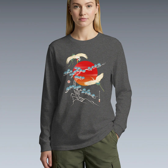 Crane Bird Japanese Ukiyo-e Unisex Long Sleeve Tee - Samurai Original