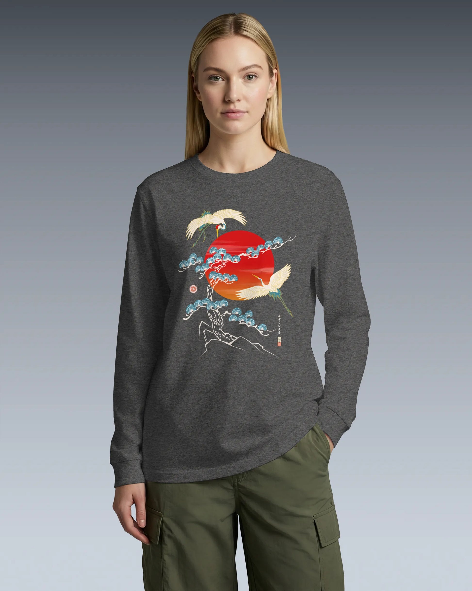 Crane Bird Japanese Ukiyo-e Unisex Long Sleeve Tee - Samurai Original