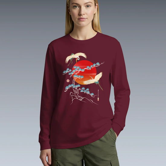 Crane Bird Japanese Ukiyo-e Unisex Long Sleeve Tee - Samurai Original