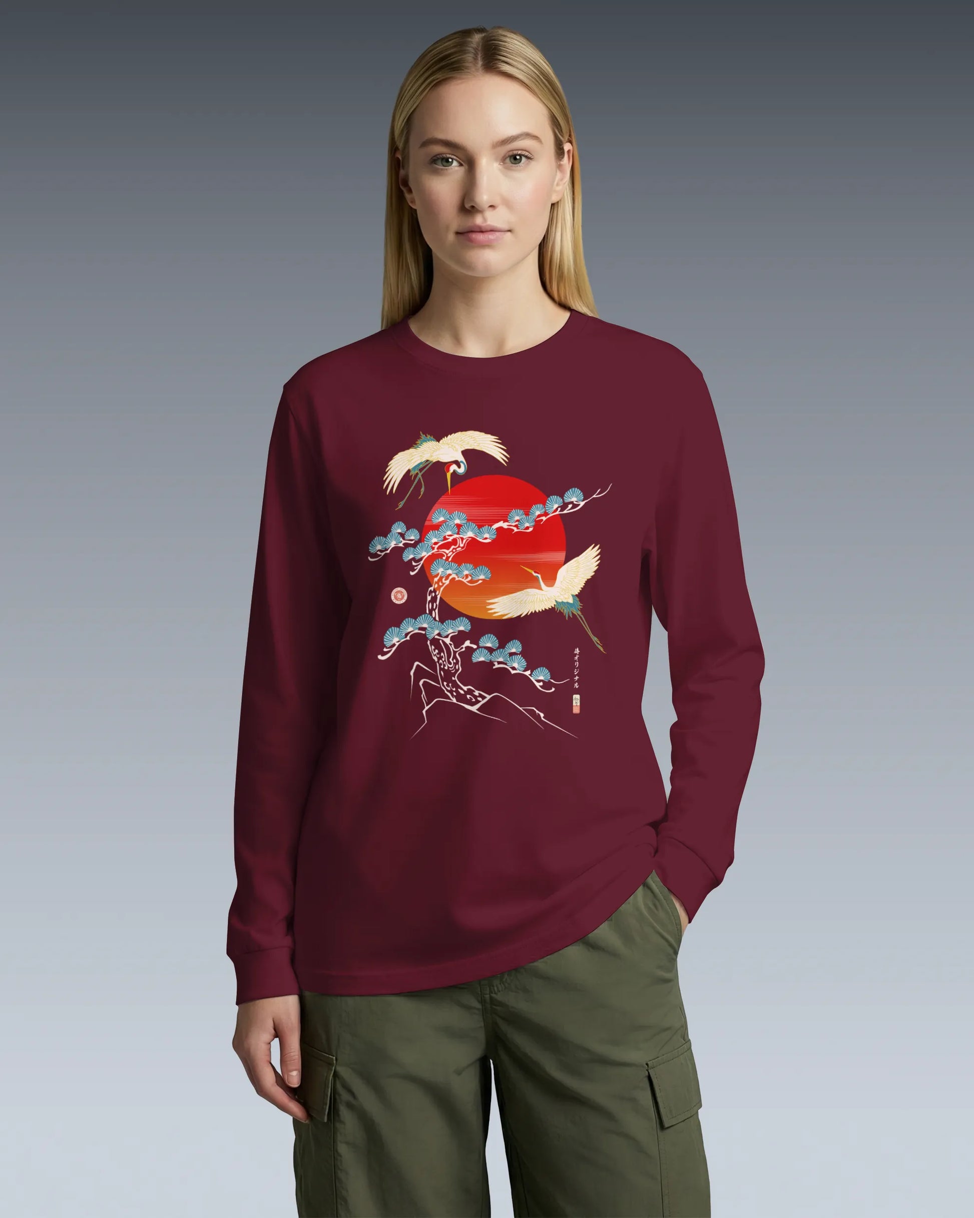 Crane Bird Japanese Ukiyo-e Unisex Long Sleeve Tee - Samurai Original