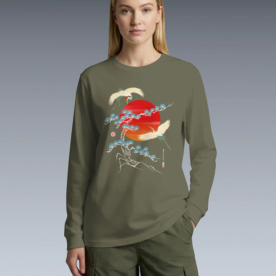 Crane Bird Japanese Ukiyo-e Unisex Long Sleeve Tee - Samurai Original