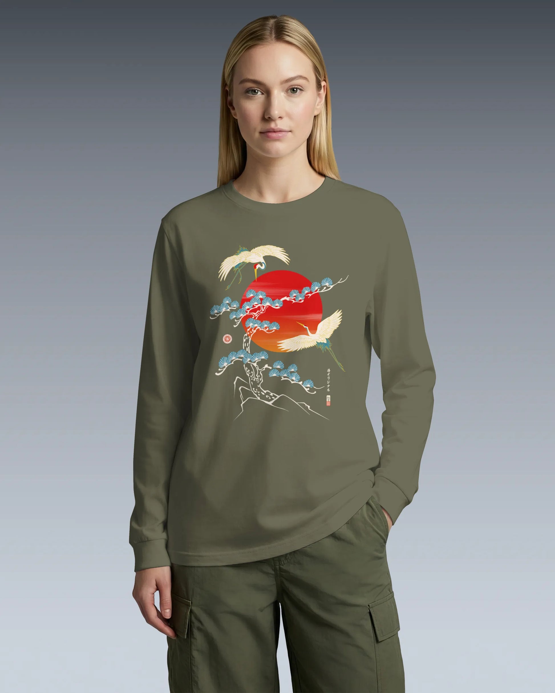 Crane Bird Japanese Ukiyo-e Unisex Long Sleeve Tee - Samurai Original