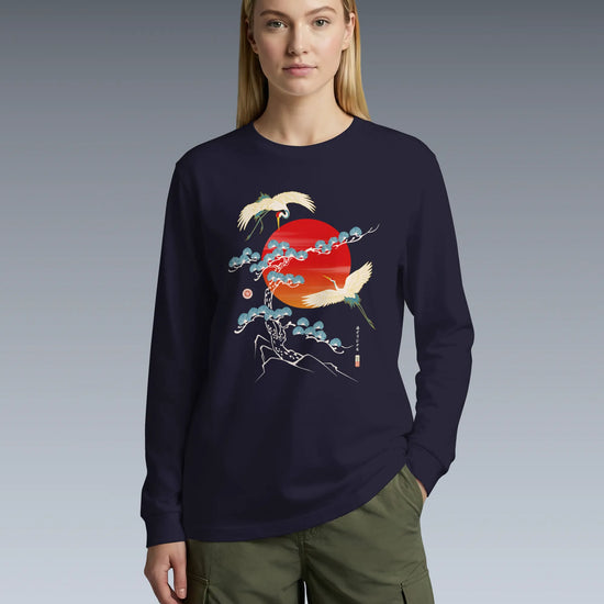 Crane Bird Japanese Ukiyo-e Unisex Long Sleeve Tee - Samurai Original