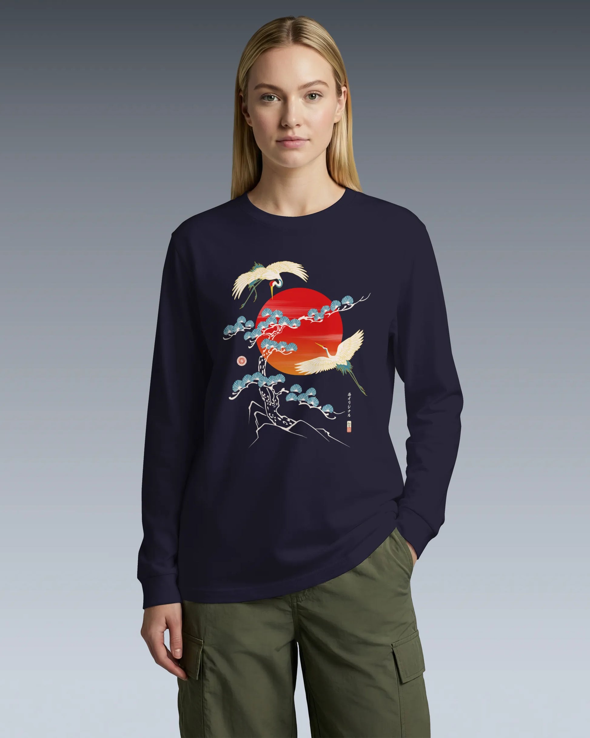 Crane Bird Japanese Ukiyo-e Unisex Long Sleeve Tee - Samurai Original