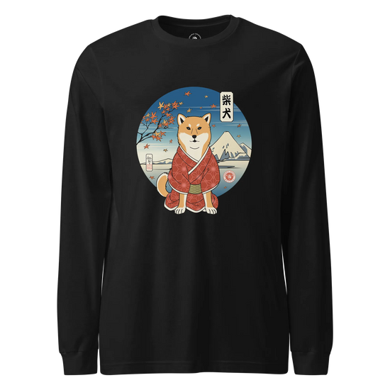 Dog Shiba Inu Funny Japanese Ukiyo-e Unisex Long Sleeve Tee Black - Samurai Original
