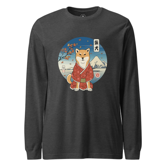 Dog Shiba Inu Funny Japanese Ukiyo-e Unisex Long Sleeve Tee Dark Grey Heather - Samurai Original