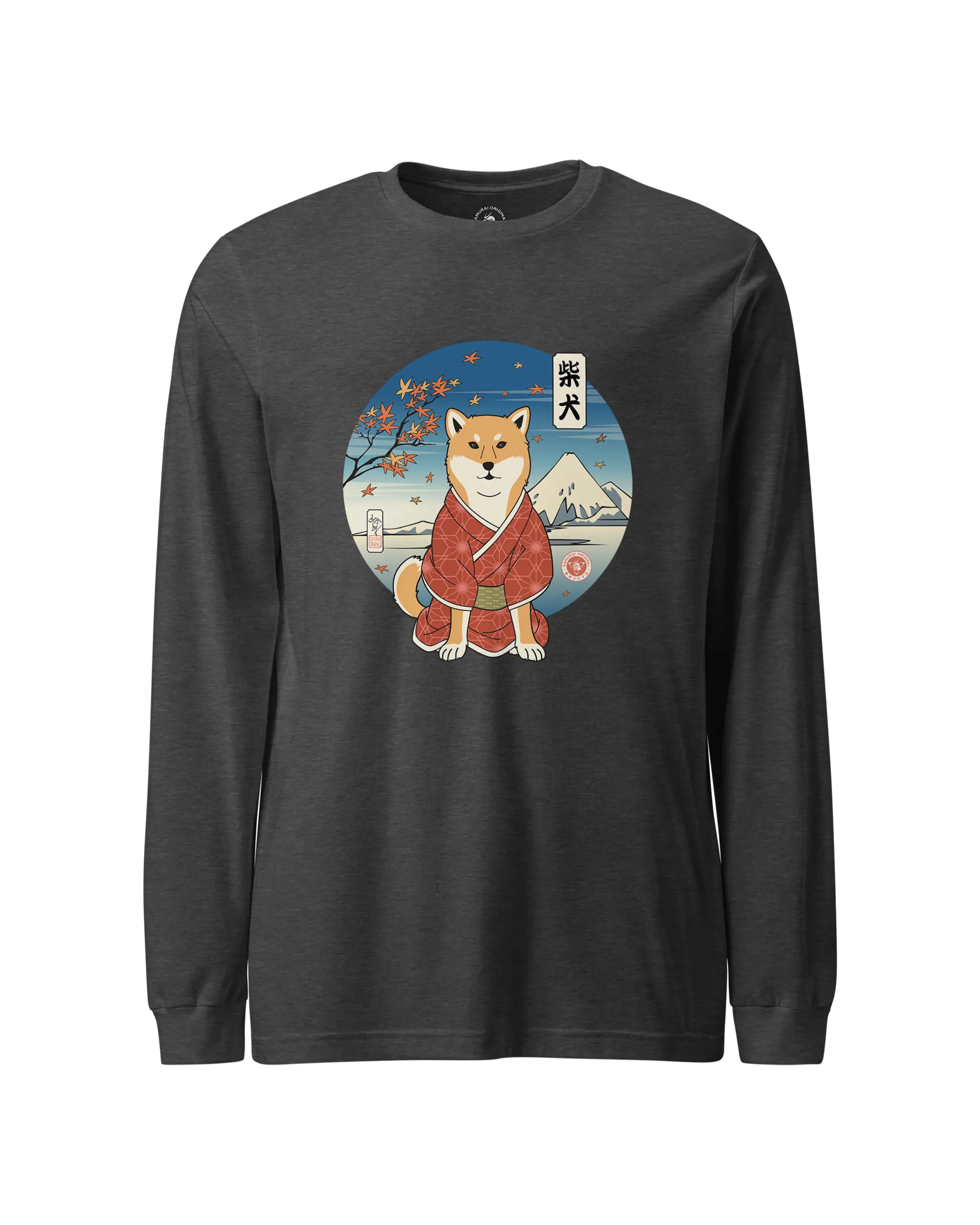 Dog Shiba Inu Funny Japanese Ukiyo-e Unisex Long Sleeve Tee Dark Grey Heather - Samurai Original