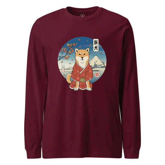 Dog Shiba Inu Funny Japanese Ukiyo-e Unisex Long Sleeve Tee Maroon - Samurai Original