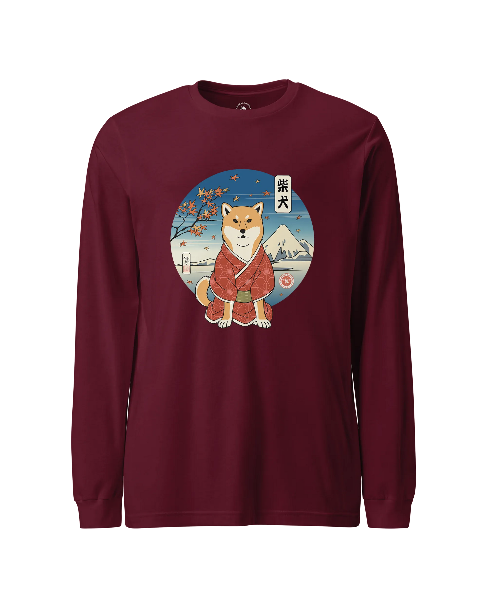 Dog Shiba Inu Funny Japanese Ukiyo-e Unisex Long Sleeve Tee Maroon - Samurai Original