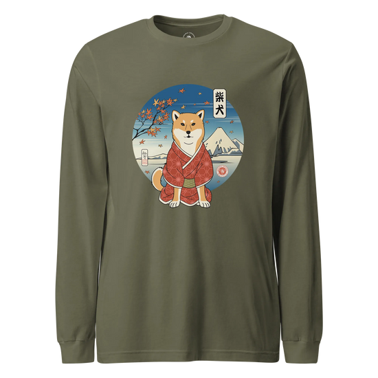Dog Shiba Inu Funny Japanese Ukiyo-e Unisex Long Sleeve Tee Military Green - Samurai Original