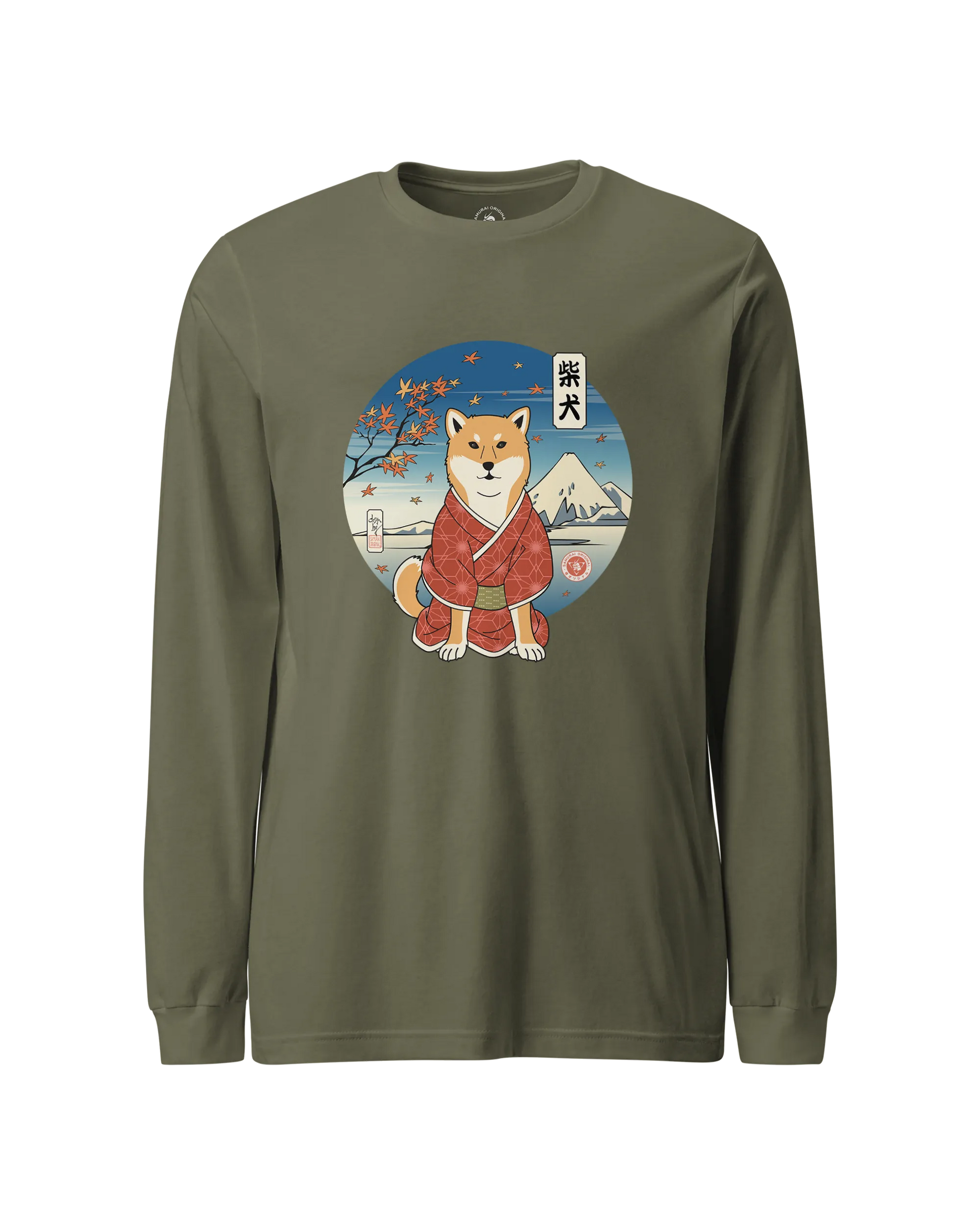 Dog Shiba Inu Funny Japanese Ukiyo-e Unisex Long Sleeve Tee Military Green - Samurai Original