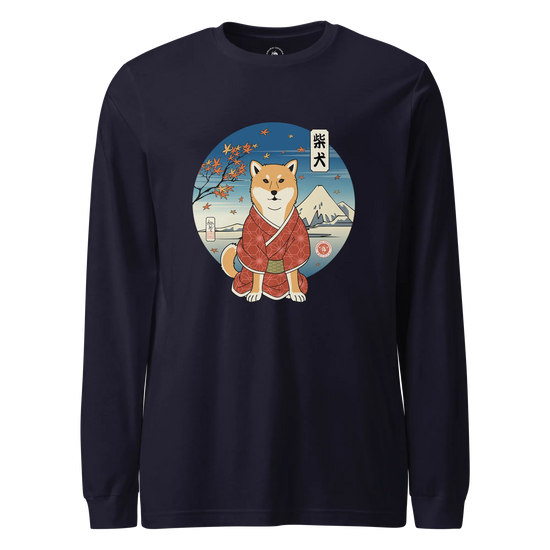Dog Shiba Inu Funny Japanese Ukiyo-e Unisex Long Sleeve Tee Navy - Samurai Original