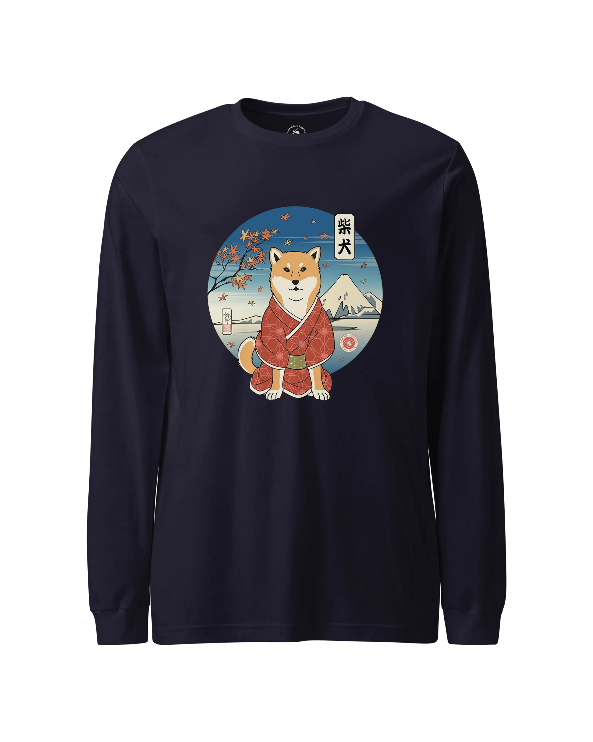 Dog Shiba Inu Funny Japanese Ukiyo-e Unisex Long Sleeve Tee Navy - Samurai Original