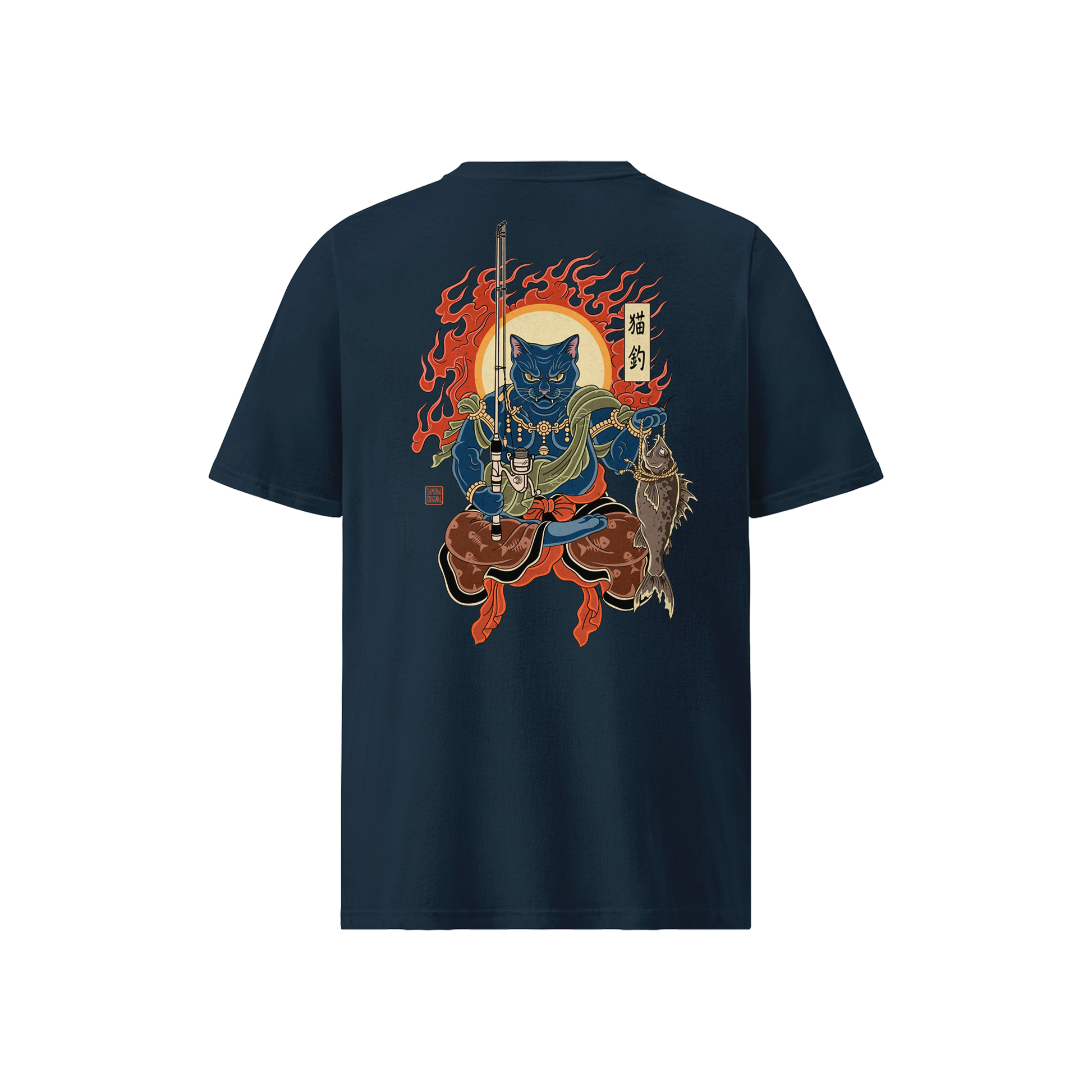 The Great Neko Fishing Organic T-shirt French Navy - Samurai Original